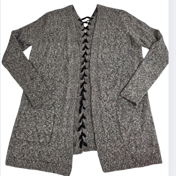 Black Tape Sweaters - Black Tape M Lace-Up Back Cardigan Sweater Black Gray 1748-AX